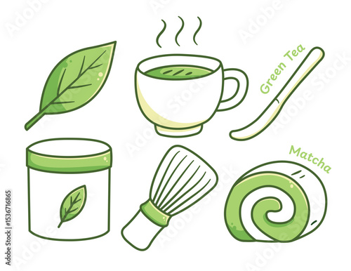 Cute doodle style illustration of matcha elements including green tea, leaf, whisk, powder jar, spoon, and dessert roll. Perfect for Japanese tea themes, wellness, and organic product visuals.