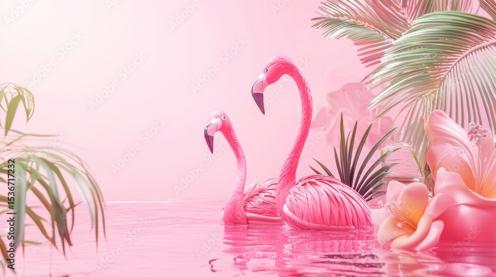 Obraz premium Pink flamingos in tropical lagoon water with palm leaves for exotic summer vacation wildlife paradise scene