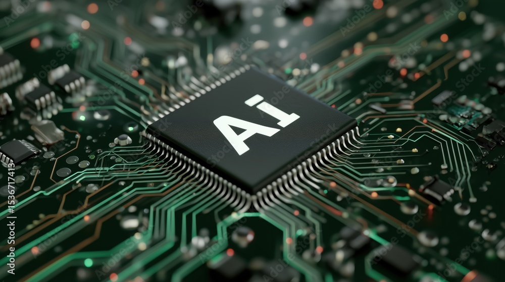 Obraz premium Printed circuit board with AI chip and intricate circuitry connections