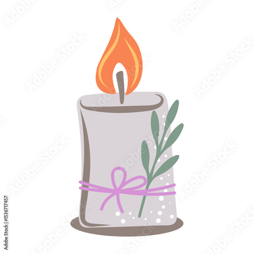 Hand drawn burning candle from paraffin waxf or relax and spa. Decorative design element. Vector illustration