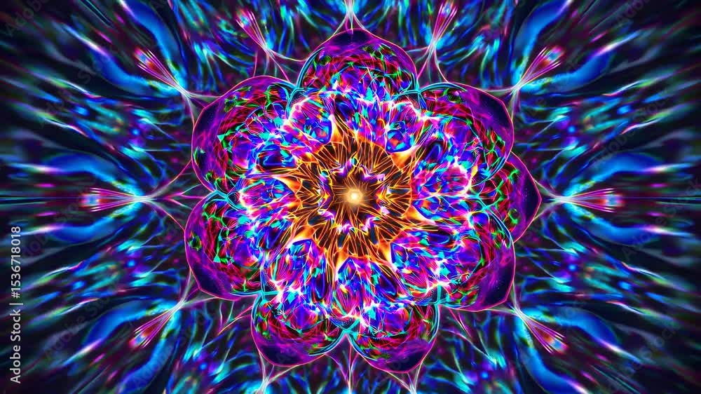 Colorful abstract art featuring a central mandala bursting with vibrant neon colors and intricate kaleidoscopic patterns, creating a mesmerizing psychedelic experience