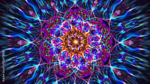 Colorful abstract art featuring a central mandala bursting with vibrant neon colors and intricate kaleidoscopic patterns, creating a mesmerizing psychedelic experience