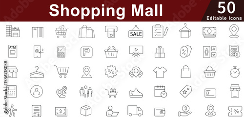 Shopping Mall Retail Icon Set - 50 Editable E-commerce Store Icons for Online Shopping, Payment, Delivery and Customer Service Vector Pack