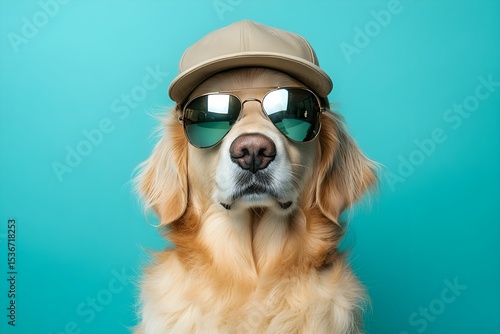 golden retriever, pies, puszysty pies, portret psa, pies w czapce, pies w okularach, czapka z daszkiem, okulary przeciwsłoneczne, okulary lustrzane, modny pies, pies w stylizacji, pies modowy, pies ce