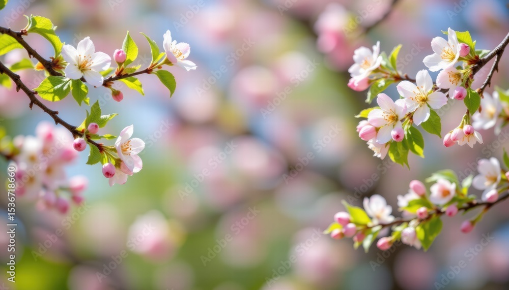 Beautiful Close-Up of Cherry Blossom Flowers in Spring Featuring Soft Pink Petals and Green Leaves in High-Fidelity Quality Image Beautiful Close-Up of Cherry Blossom Flowers in Spring Featuring Soft Pink Petals and Green Leaves in High-Fidelity Quality Image