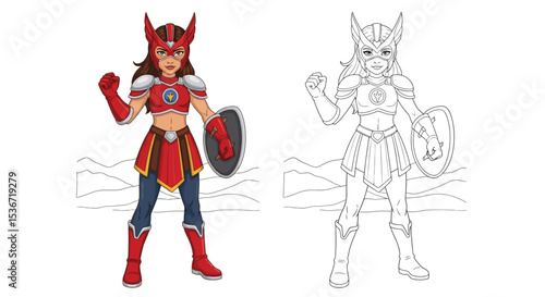 Red and White Warrior Girl Costume Coloring Page Outline Battle Hero Fun