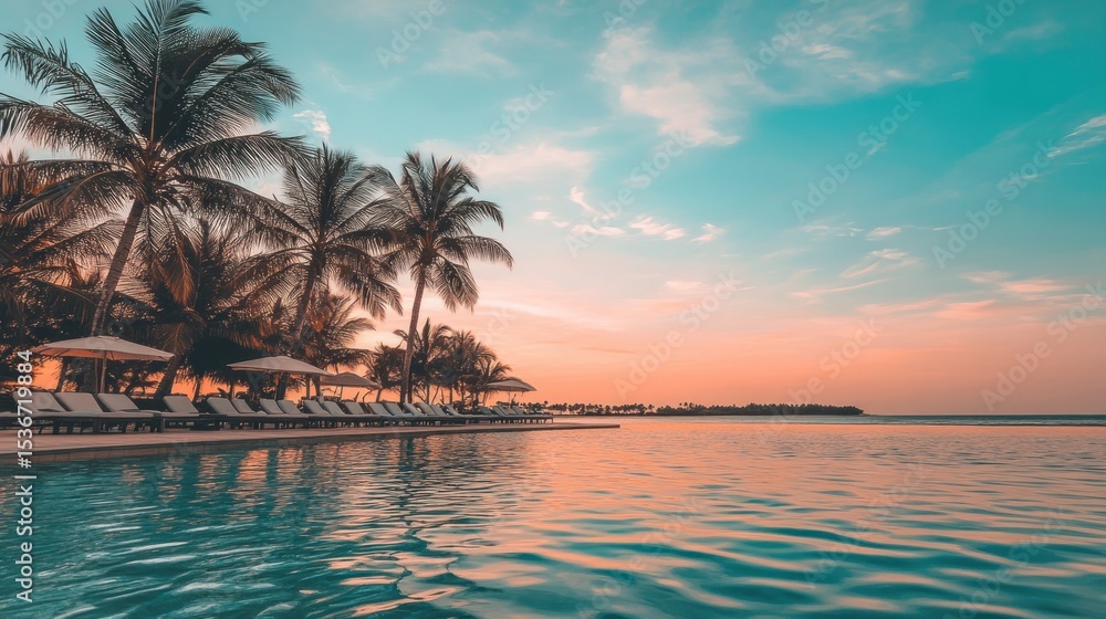 Tropical resort pool at sunset. Tropical resort pool at sunset.