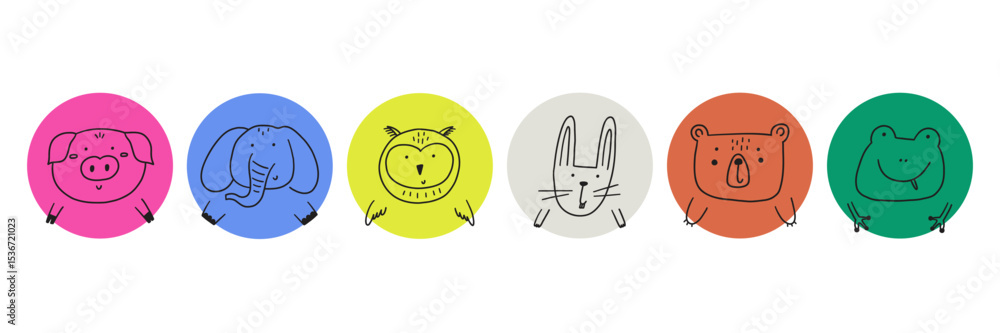 Fototapeta premium Cute animal face circle avatar. Cartoon head character animal kid baby icon. Doodle vector illustration