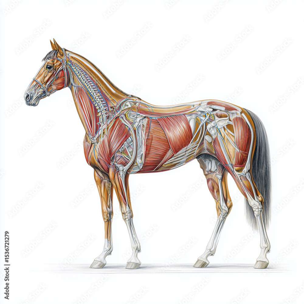 A detailed anatomical drawing of a horse showcasing its muscles and bones, isolated on a white background A detailed anatomical drawing of a horse showcasing its muscles and bones, isolated on a white background