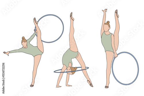 Young girls professional rhythmic gymnasts with hoops in doodle style. Colored hand drawn illustration. White background. Elegant slim girl with hoop - rhythmic gymnast. Sportswoman with equipment
