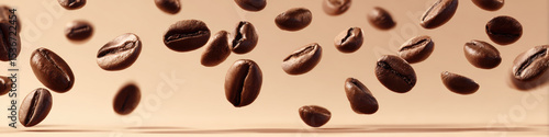 Floating coffee beans create captivating visual, showcasing their rich texture and color in dynamic arrangement