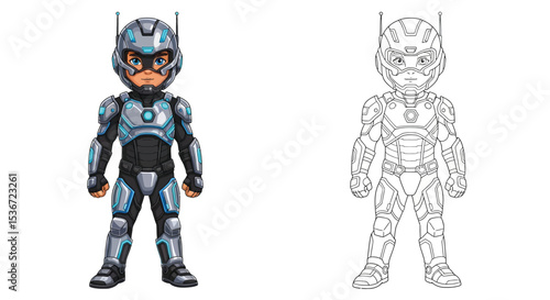 Kid in Tech Superhero Armor Coloring Page Printable Outline and Colored Views