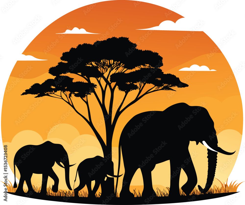 Fototapeta premium Silhouette of Elephant Family Vector Illustration