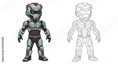 Tech Superhero Armor Kid Coloring Page Colored and Outline Views Future Hero Fun