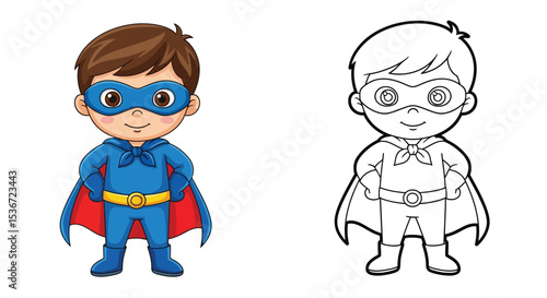 Young Boy Blue Mask and Cape Coloring Page Outline Pair Classic Hero Fun