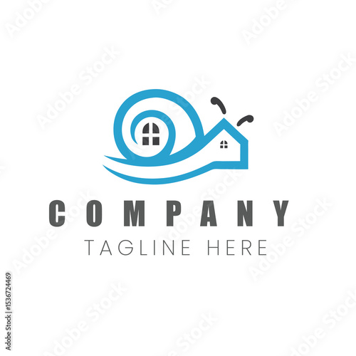 Modern Blue Snail House Vector Logo Design with Company Branding and Creative Tagline for Business Identity