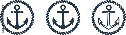 Three Nautical Anchor Icons with Rope Border on White Background for Marine Themes