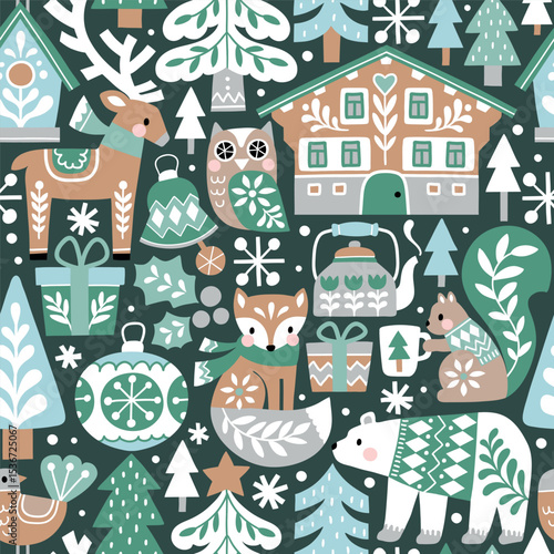 Seamless vector pattern with woodland animals. Cute deer, bear, fox, owl, squirrel and bird. Winter village with chalet and snowy pine trees. Scandinavian Christmas illustration. EPS10 vector file.