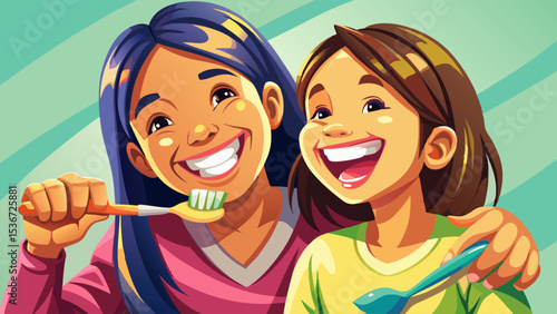 Closeup with perfect female teeth woman and her daughter are happily brushing their teeth together, showcasing bright smiles and joyful moment. This bonding activity promotes dental hygiene and family