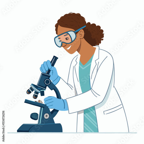 female medical researcher with microscope
