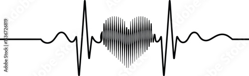 Heartbeat Line with a Heart Symbol Made of Vertical Lines on White Background