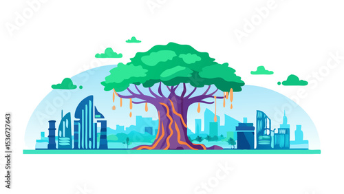 Urban forest explodes with color and life, showcasing harmony between nature and modern architecture