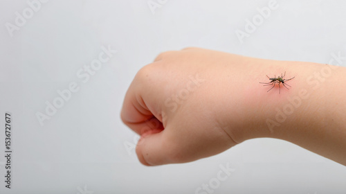 Child's hand with mosquito biting on skin against white background  