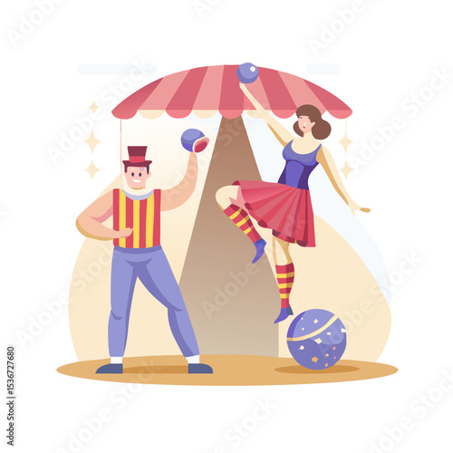 Circus performers engaging in lively stunts under a colorful tent during a vibrant show at a carnival