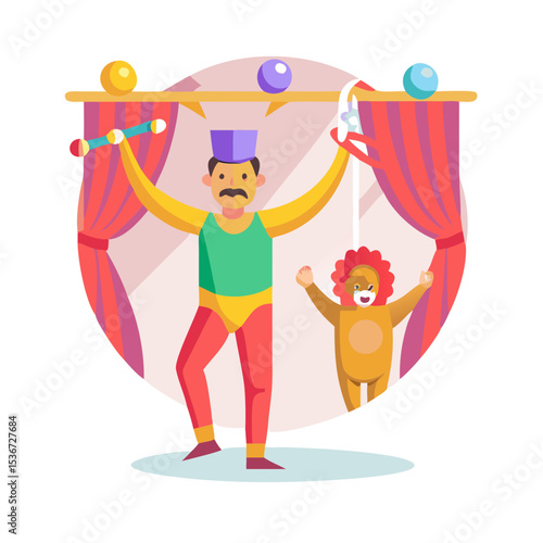 Circus performer showcases skills with a juggling act featuring a lion cub in a colorful setting
