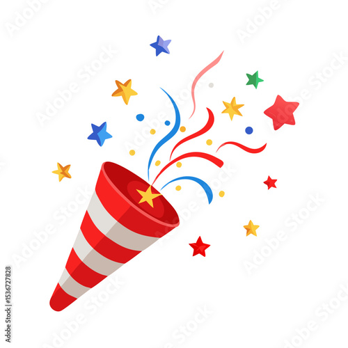 Colorful party popper releasing confetti and streamers for celebration at a festive event