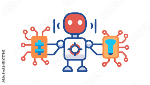 Creative robot holding tools, demonstrating technology innovation in a digital environment
