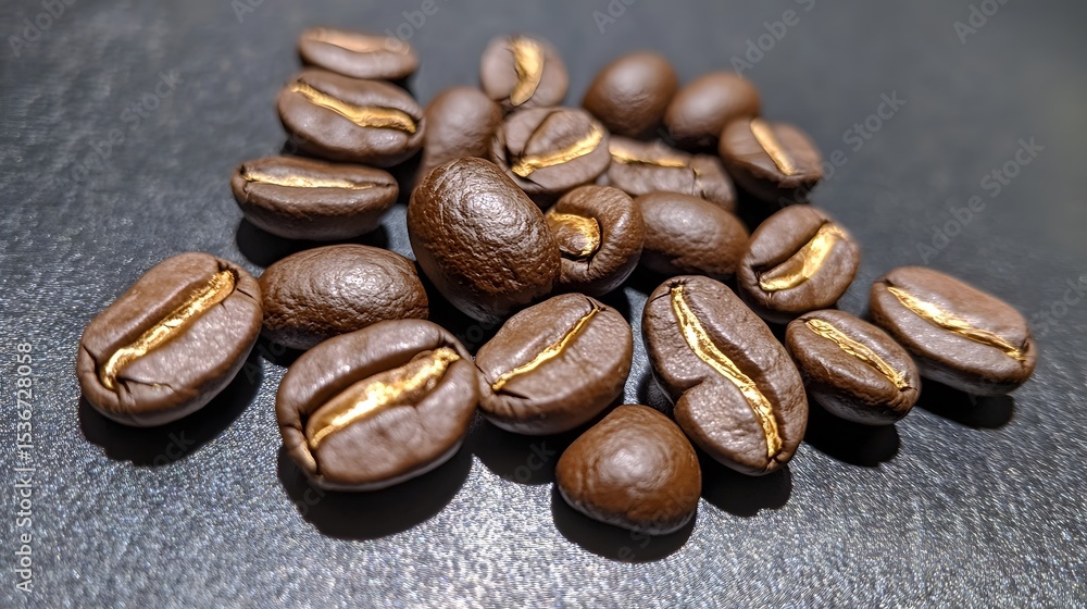 Fototapeta premium Closeup of Roasted Coffee Beans with Golden Accents