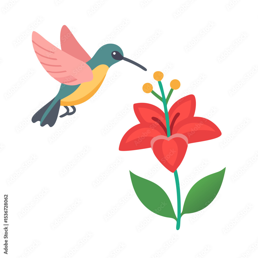 Obraz premium Colorful hummingbird approaching vibrant red flower in a natural setting during a sunny day