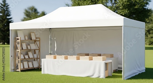 Outdoor market stall with wooden boxes and framed art on display