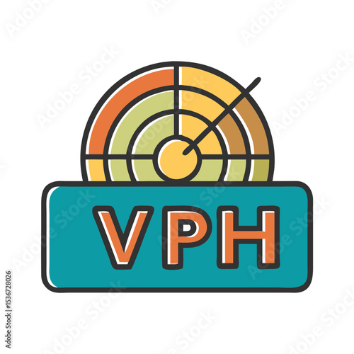 Visual representation of a radar or measurement device with a colorful gauge and letters VPH indicating its functionality