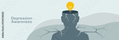 Stylized head silhouette with lightbulb for depression awareness – Suitable for mental health campaigns, educational materials, or wellness content.