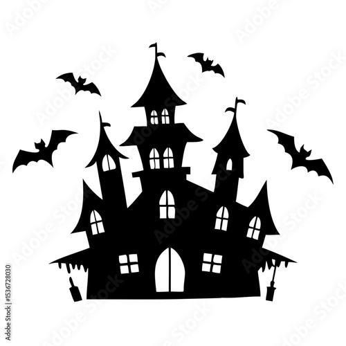 Mysterious haunted house silhouette with bats against a white background during Halloween season