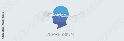 Minimalist blue silhouette with fractured line and “DEPRESSION” text – Ideal for mental health branding, emotional vulnerability, or psychological wellness materials.