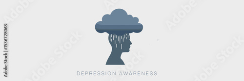 Minimalist head icon with raincloud symbolizing sadness – Ideal for depression awareness, emotional health, or therapy resources.