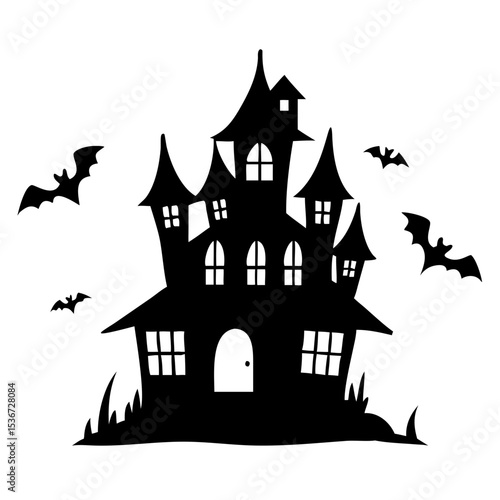 Spooky silhouette of a haunted house with bats and eerie details for Halloween decoration