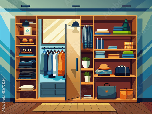vector of Wall closet in the bedroom for clothes and bags, wooden and sliding, new design.