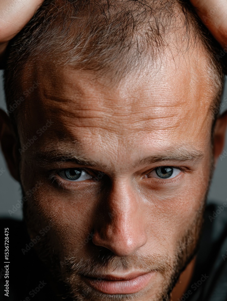 Obraz premium Intense Close-Up of Man's Face With Hands on Head, Conveying Stress and Mental Health Awareness for Wellness Campaigns and Personal Development : Generative AI