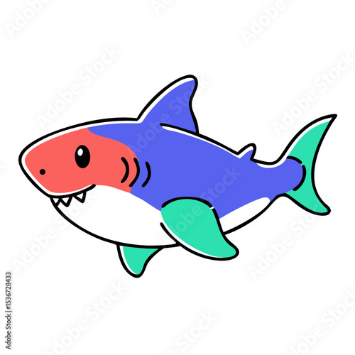 Colorful cartoon shark swimming happily in a bright ocean environment during a sunny day