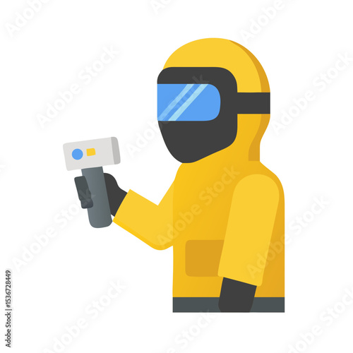 Protective suit worn by a worker holding a thermal scanner in a sterile environment for temperature checks