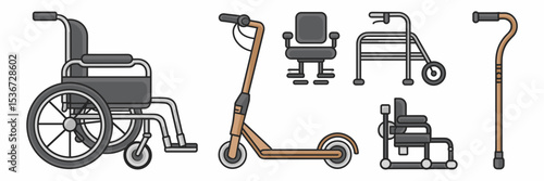 vector mobility aid icons including wheelchair scooter walker and cane – perfect for accessibility advocacy, healthcare materials, or assistive technology content