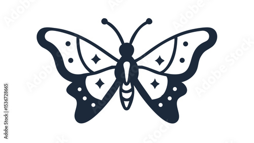 Butterfly design featuring symmetrical patterns and star motifs in a simplistic style on a plain background