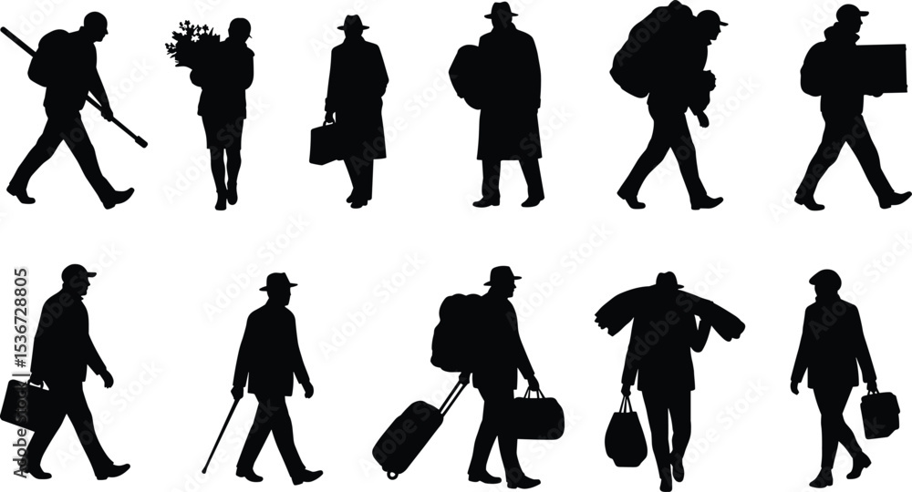 Obraz premium Silhouette walking people with bags, luggage, boxes, cane, bouquet, and coats, travel and journey concept vector illustration design artwork