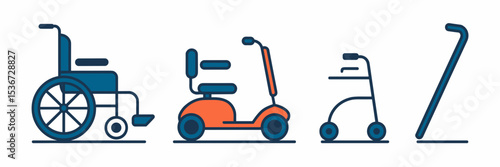 simple vector mobility aids icons with wheelchair scooter walker and cane – suitable for medical publications, disability inclusion campaigns, or product design presentations