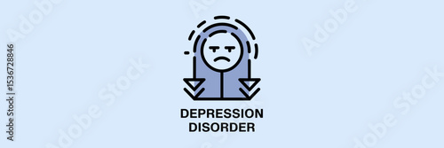 Vector icon of depression disorder with sad face and downward arrow – Suitable for mental health awareness, therapy resources, or psychological education.
