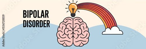 Vector illustration of brain with light bulb and rainbow for bipolar disorder – Perfect for mental health advocacy and educational content
